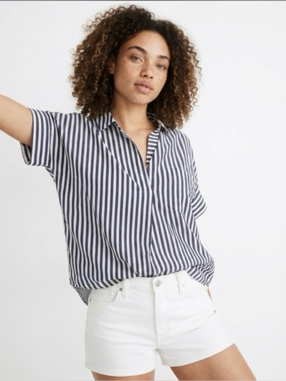 Madewell Navy and White Vertical Stripe Button-Down Shirt